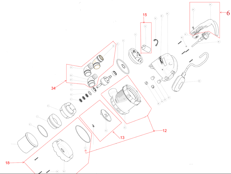 Explosionszeichnung eines Teichsaugers mit verschiedenen Komponenten und Baugruppen