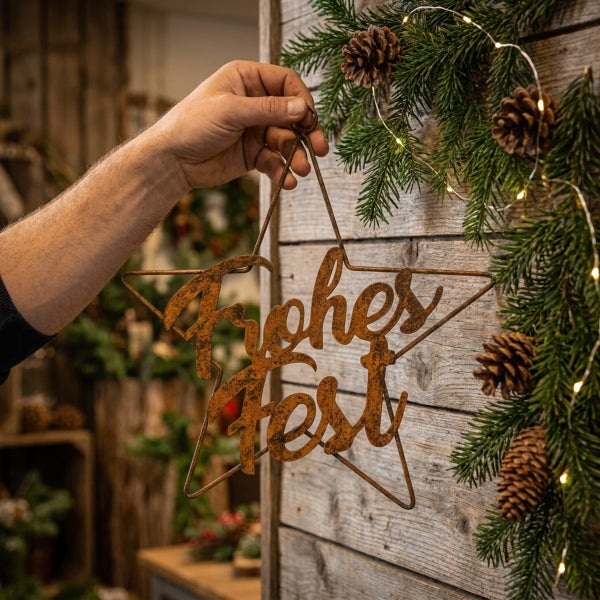 Hand hält einen weihnachtlichen Stern aus Metall mit der Aufschrift Frohes Fest vor einer Wand aus Holz mit Tannenzweigen und Lichterkette