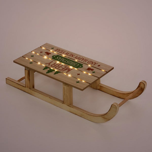 ECD Germany LED Deko Schlitten aus Holz mit warmweißen LEDs, 42 x 16 cm, Natur-Braun, batterriebetrieben, Beleuchteter Dekoschlitten mit Timer, Weihnachtsdeko Weihnachten Dekoration Deko Holzschlitten