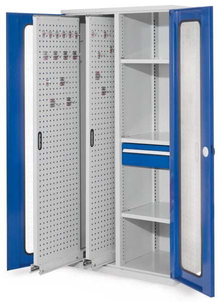Werkstattschrank mit Lochplatten, Regalböden und Schublade