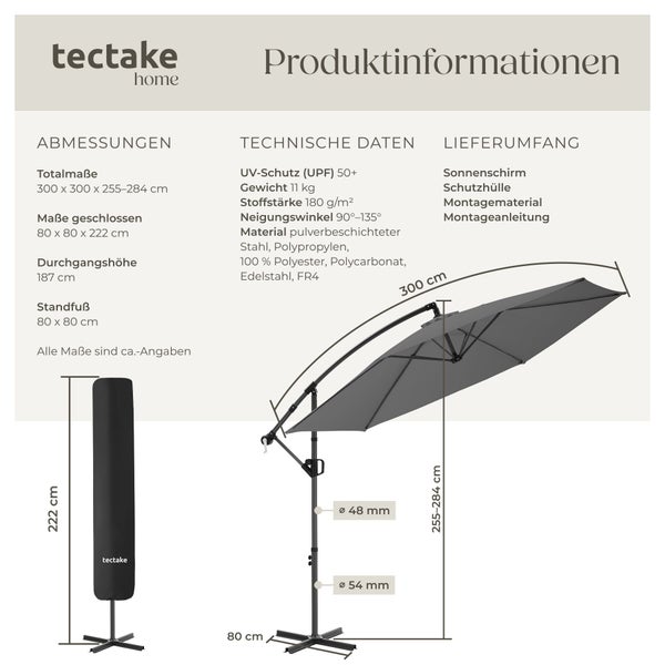 Produktinformationen zum tectake home Ampelschirm mit Maßen, technischen Daten wie Ultraviolettschutz 50 plus und Lieferumfang mit Schutzhülle.