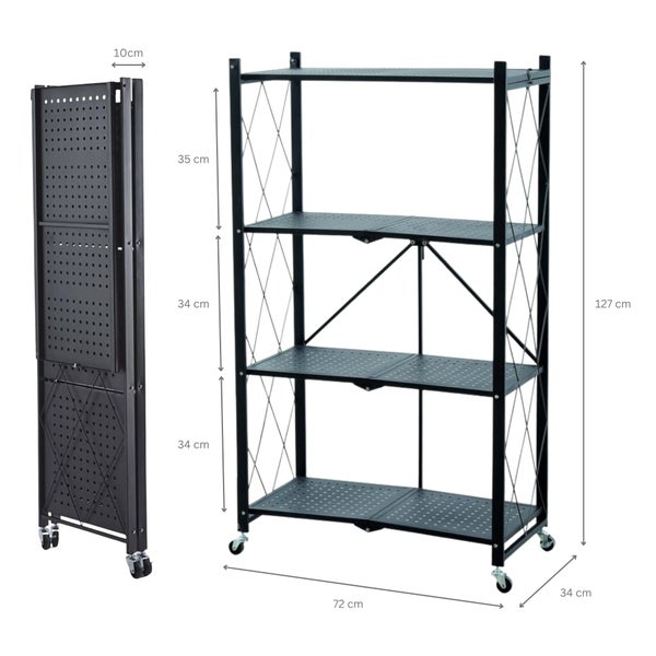 Detailansichten eines klappbaren, rollbaren Regals mit Sicherheitsverschluss