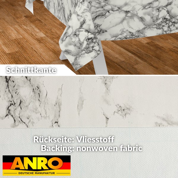 Tischdecke in Marmoroptik mit Schnittkante und Vlies-Rückseite. ANRO Logo.