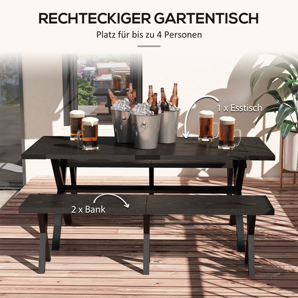 Outsunny Bierzeltgarnitur, 3-tlg. Festzeltgarnitur mit Tisch, 2 Bänken aus Stahl, Schirmloch, 180 x 80 x 73 cm, Alu, Schwarz