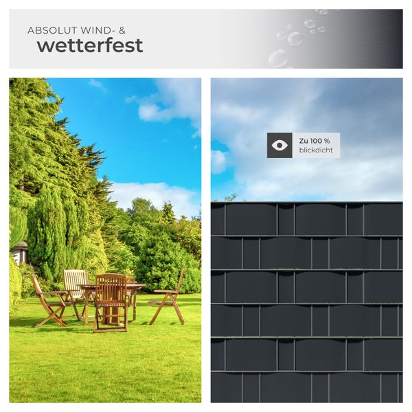 Wind- und wetterfester Sichtschutzstreifen für den Zaun, 100 Prozent blickdicht, dargestellt in einem sonnigen Garten mit Holzmöbeln.