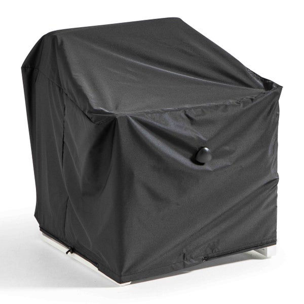 Schwarze Abdeckhaube für Grills oder Gartenmöbel aus wetterfestem Textilgewebe mit Befestigungskordel.