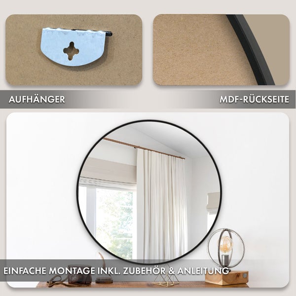 Floordirekt Wandspiegel Bella Runder Spiegel Aluminiumlegierung Schwarz Ø 50 cm