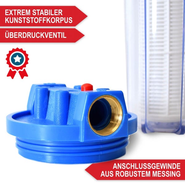 Blauer Wasserfilter-Gehäusekopf aus Kunststoff mit Messinggewinde und integriertem Überdruckventil.