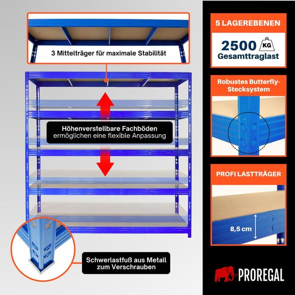 Blaues Proregal Schwerlastregal, 5 Ebenen, 2500 Kilogramm Traglast, Butterfly-Stecksystem, 3 Mittelträger, verschraubbare Metallfüße, Proregal Logo.