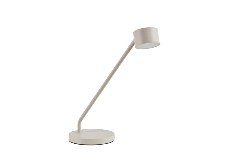 Moderne Schreibtischleuchte mit schlankem Metallgestell und rundem Leuchtenkopf.