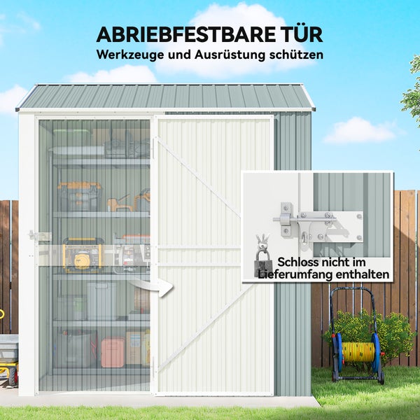 Metall-Gerätehaus mit abriebfester Schiebetür, Regalen und Werkzeug, Detailansicht des Türriegels, Schloss nicht im Lieferumfang enthalten.