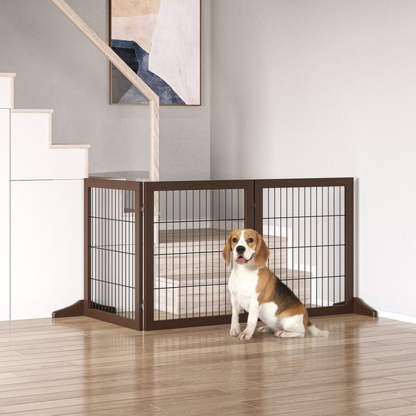 PawHut Absperrgitter für Hunde Schutzgitter Hundegitter mit Stützfüßen Treppengitter Hundeabsperrgitter Türschutzgitter für Kamin & Ofen, Kiefernholz Braun 185 x 36 x 71 cm