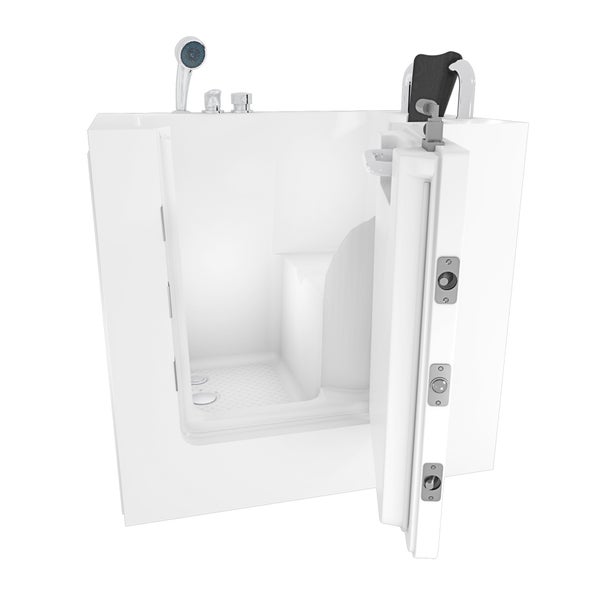 Begehbare Dusche mit Tür, Duschkopf und Sitzgelegenheit