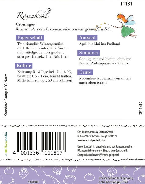 Rückseite der Saatgutpackung Rosenkohl Groninger mit Informationen zu Aussaat, Kultur, Standort und Ernte.