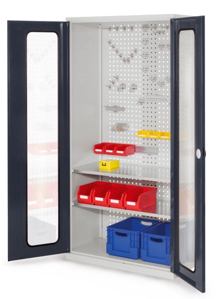 Werkstattschrank mit Regalböden, Lochwand und Sichtfenstertüren
