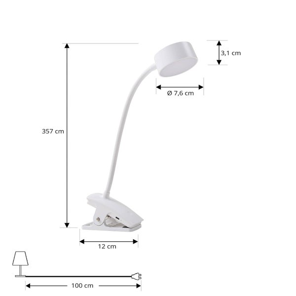 Weiße LED-Klemmleuchte mit flexiblem Hals: Höhe 357 Zentimeter, Clip 12 Zentimeter, Kopf 7,6 Zentimeter, Kabellänge 100 Zentimeter.