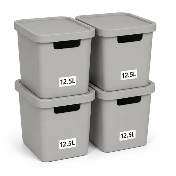 Set aus vier stapelbaren Kunststoff Aufbewahrungsboxen mit Deckel und Tragegriffen, Volumen je 12,5 Liter