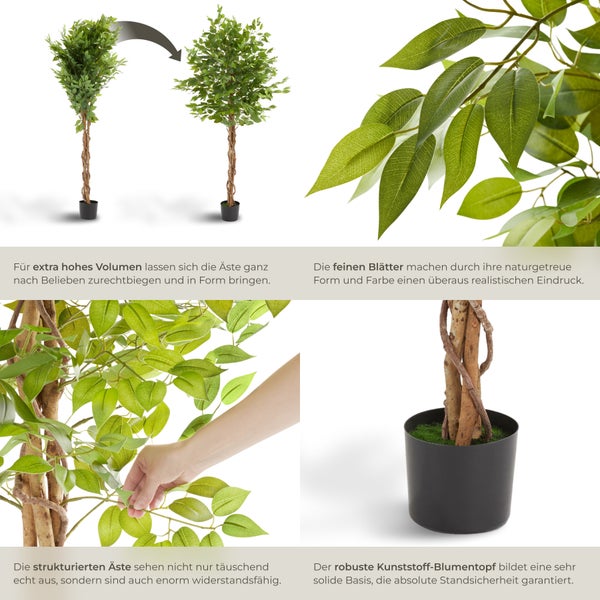 Künstlicher Ficusbaum tectake Fida stabiler Kunststoff-Blumentopf verschiedene Größen grün