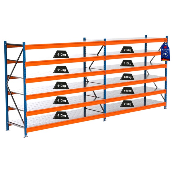 Metallregal mit fünf Ebenen und einer Tragfähigkeit von 610 Kilogramm sowie dem Herkunftssiegel Made in EU
