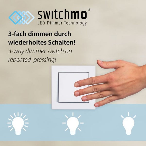 Eine Hand betätigt einen Lichtschalter mit Switchmo LED Dimmer Technologie für dreistufiges Dimmen durch wiederholtes Schalten.
