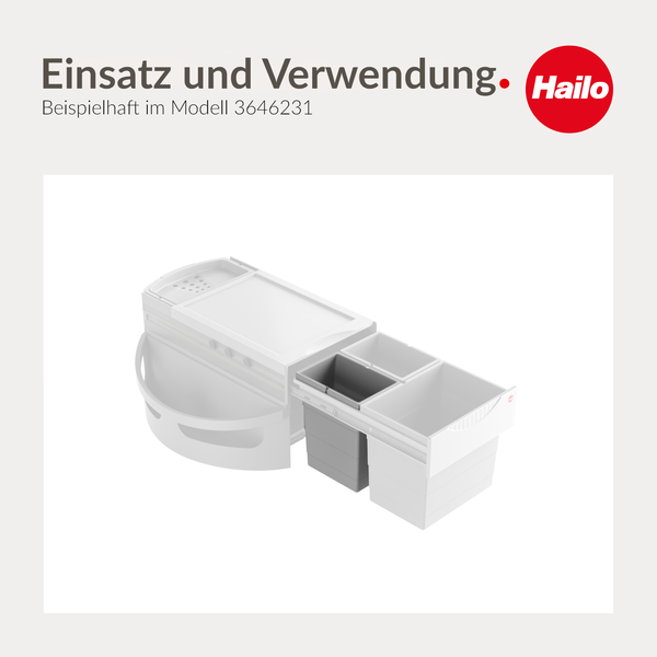 Hailo Logo und Hailo Mülltrennsystem mit verschiedenen Abfallbehältern und Auszugssystem, Anwendungsbeispiel für Modell 3646231.