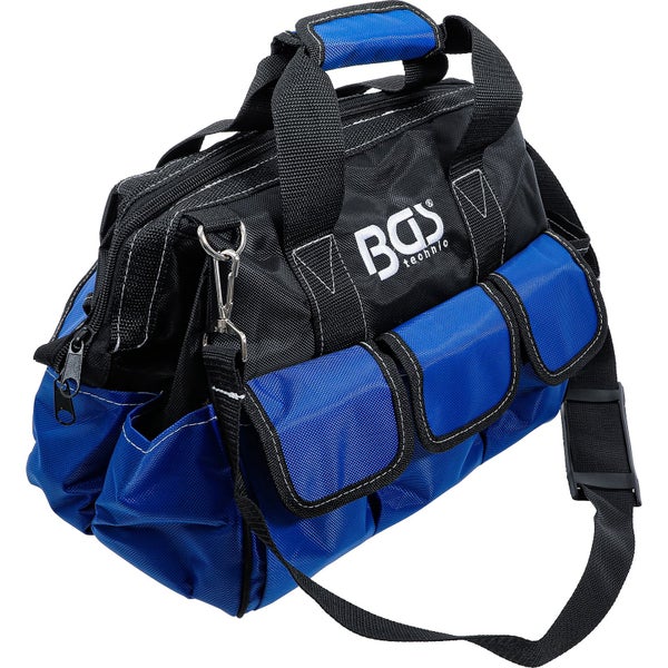 Robuste Werkzeugtasche von BGS technic mit Tragegriffen, verstellbarem Schultergurt und mehreren Außentaschen für organisiertes Werkzeug.