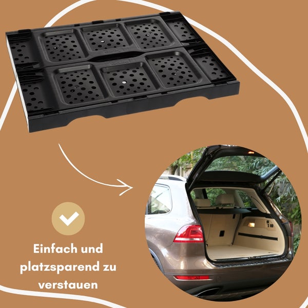 Zusammenklappbare Kunststoffbox zur platzsparenden Aufbewahrung im Kofferraum.
