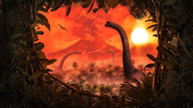 Illustration einer prähistorischen Landschaft mit Dinosauriern, Vulkan und üppiger Vegetation