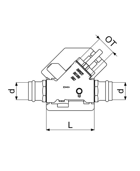 Technische Zeichnung eines Schrägsitzventils mit Pressanschlüssen und Maßangaben für Durchmesser, Länge und Oberteil.