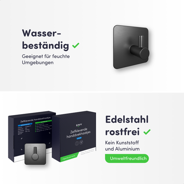 Selbstklebender Handtuchhaken aus rostfreiem Edelstahl, wasserbeständig und umweltfreundlich. EAVY Logo.