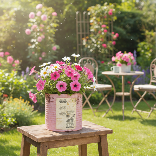 Rosa Metalltopf mit Petunien und Margeriten auf einem Holzschemel in einem hellen Garten mit Gartenmöbeln und Blumenbeeten.