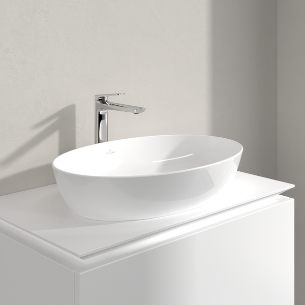 Villeroy & Boch Oasis Waschtischarmatur erhöht, ohne Ablaufgarnitur, Wasserhahn Bad mit Keramikkartusche, Waschbeckenarmatur wassersparend, Auslauf Höhe 245mm, rund, Chrom