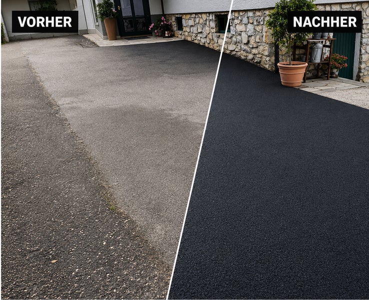 Vorher-Nachher-Vergleich einer Einfahrt mit erneuerter Asphaltversiegelung auf altem Asphalt.