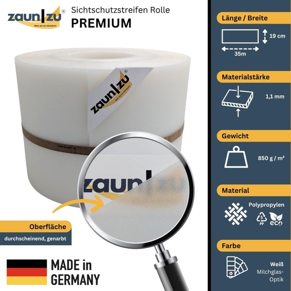Blickschutzstreifen Rolle Premium, 35 Meter Länge, 19 Zentimeter Breite, 1,1 Millimeter Materialstärke, 850 Gramm pro Quadratmeter Gewicht, Polypropylen Material, Milchglas Optik, Zaun zu Logo, Made in Germany