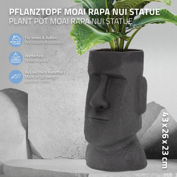 ML-Design Pflanztopf Osterinsel Figur 26x23x43 cm Anthrazit, Harz Moai-Kopf Skulptur, Innen- und Außenstatue, massiv, Pflanzgefäß Blumentopf Übertopf Gesicht Pflanzer Gartendeko Vase Urne für Pflanzen