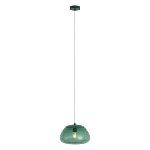 Moderne Pendelleuchte mit rundem Glas-Lampenschirm und filigranem Kabel, ideal für eine stilvolle Beleuchtung im Wohnraum.