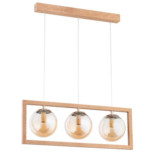 Moderne Pendelleuchte mit drei Glaskugeln und rechteckigem Rahmen aus Holz für eine stilvolle Beleuchtung im Wohnbereich