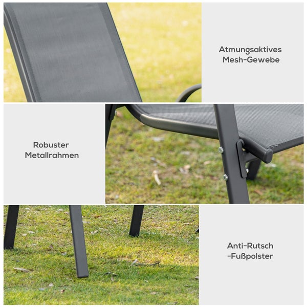 Outsunny 2er Set Gartenstuhl Stapelstuhl mit Armlehne Essstühle Garten Metall Mesh-Gewebe Grau 70 x 54 x 90 cm