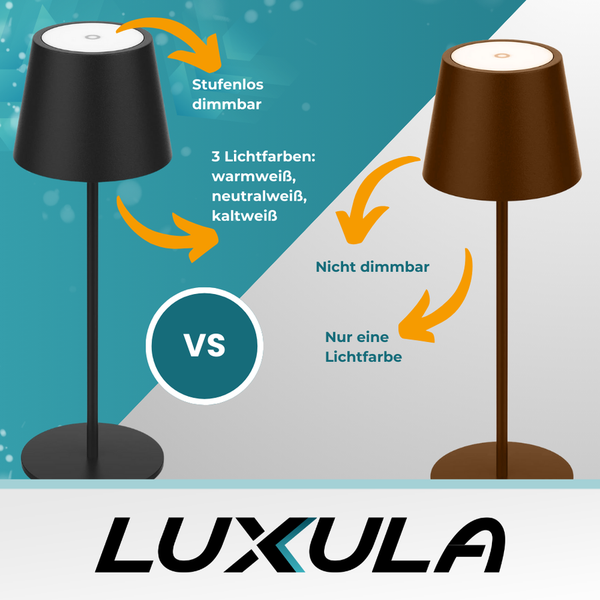 Vergleich von zwei Tischleuchten: Eine ist stufenlos dimmbar mit drei Lichtfarben, die andere ist nicht dimmbar mit nur einer Lichtfarbe