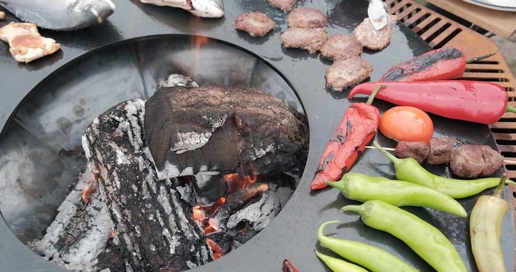 Feuerstelle mit Grillring und brennenden Holzscheiten beim Grillen von Fleisch und Gemüse