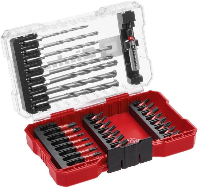 Original Einhell M-CASE 33-tlg. schlagfestes Bit- und Steinbohrer-Set (25-mm-Bits, 50-mm-Bits, Steinbohrer, 60-mm-Bithalter inkl. Aufbewahrungsbox)