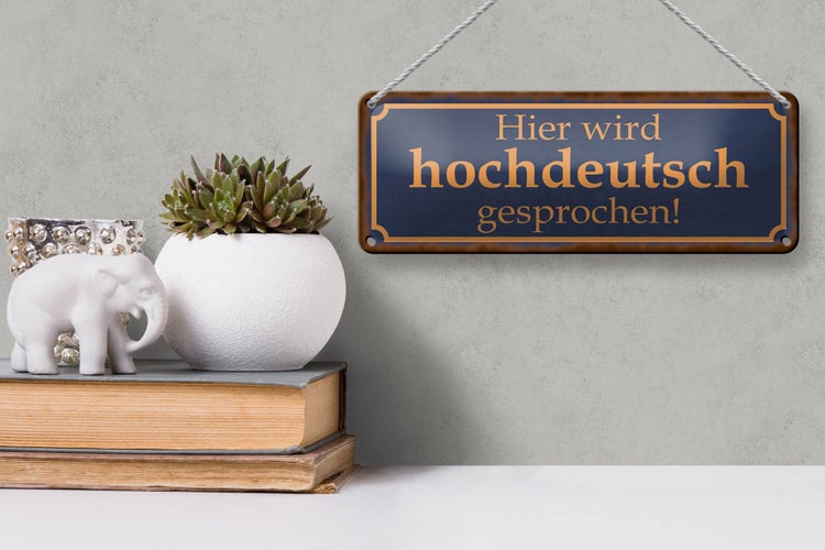 Blechschild Spruch 27x10cm hier wird hochdeutsch gesprochen Dekoration