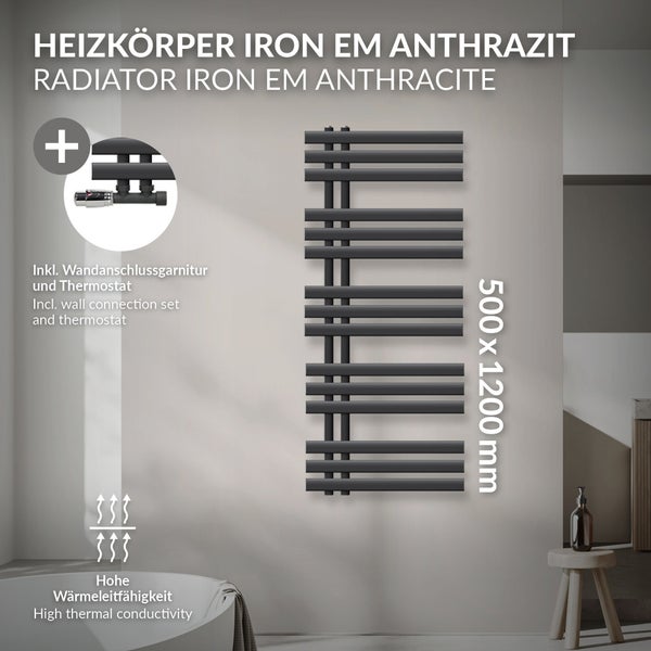 LuxeBath Badheizkörper Iron EM 500x1200 mm Anthrazit Mittelanschluss mit Anschlussgarnitur und Thermostat Eck Wand, Design Heizkörper Bad Heizung Handtuchwärmer Handtuchtrockner Handtuchheizkörper