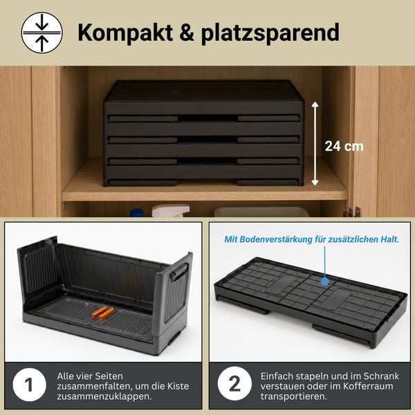 Klappbare Kunststoffkiste im Schrank gestapelt, Stapelhöhe von vier Stück beträgt 24 Zentimeter, mit verstärktem Boden und Faltanleitung.