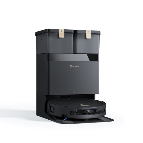 Ecovacs Saugroboter mit schwarzer Omni-Station zur automatischen Entleerung und Reinigung, inklusive Wassertanks und Ecovacs Logo.