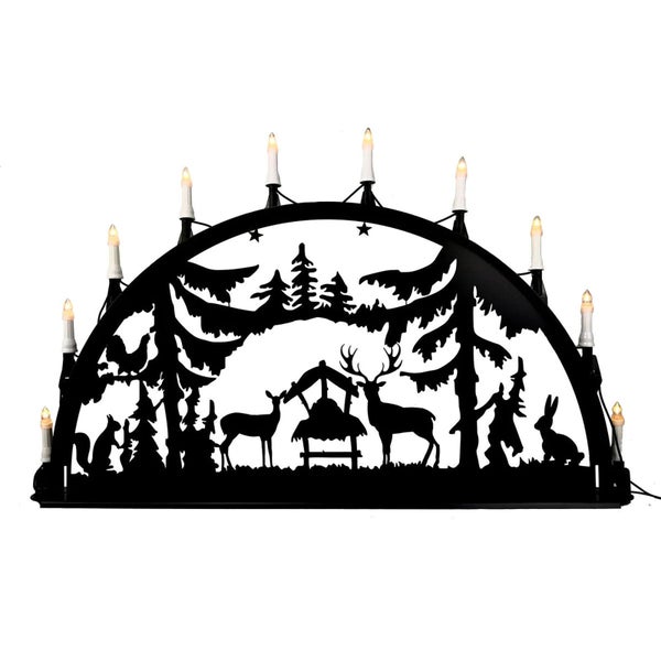Elektrischer Schwibbogen aus Metall mit Waldmotiv und zehn LED Kerzen zur Weihnachtsbeleuchtung