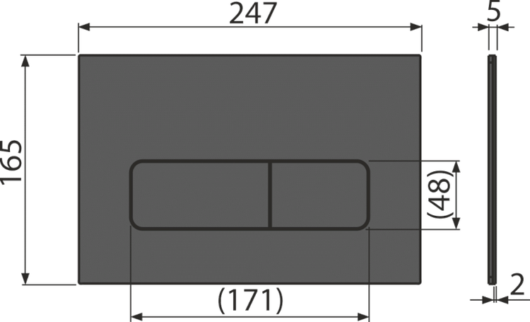 Maßzeichnung einer Betätigungsplatte für Toiletten mit Breite 247 Millimeter, Höhe 165 Millimeter und Tiefe 5 Millimeter.