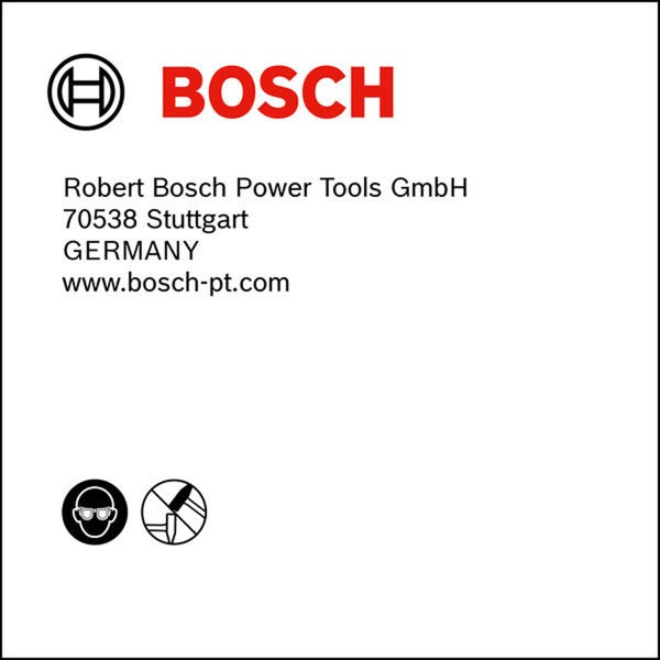 Bosch Logo mit Herstellerinformationen und Sicherheitssymbolen fuer Schutzbrille und das Lesen der Bedienungsanleitung.