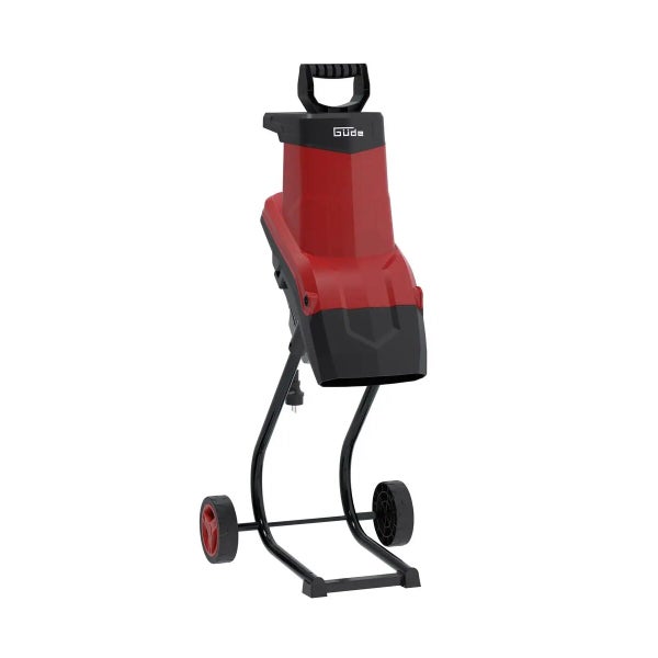Elektro-Gartenhäcksler von Güde mit rotem Kunststoffgehäuse, schwarzem Metallgestell und zwei Transporträdern.