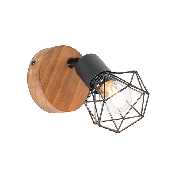 Wandleuchte mit Holzelement und geometrischem Lampenschirm